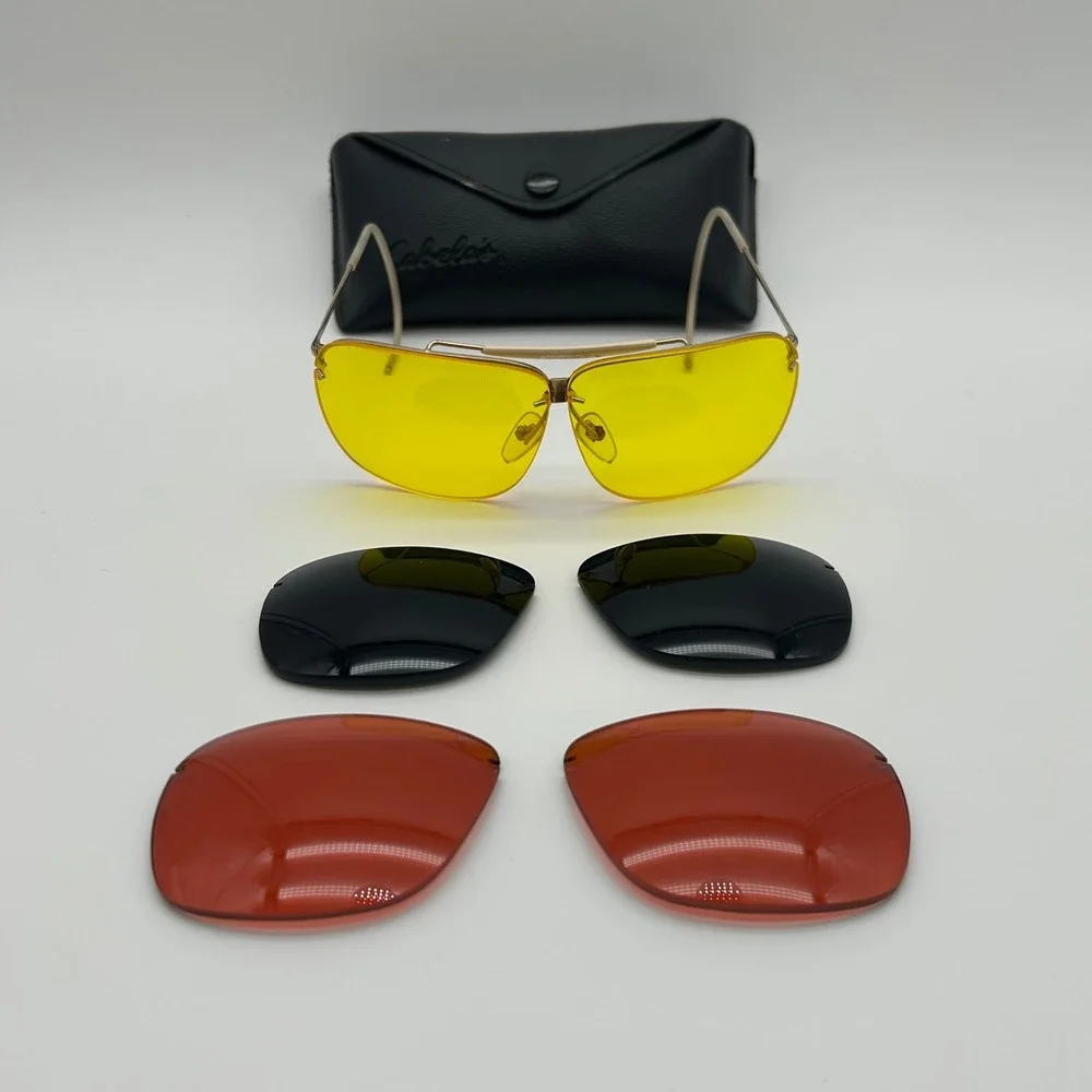 Vintage Cabelas Aviator Shooting Glasses Gold‎ Interchangeable Lenses Case 3 Set